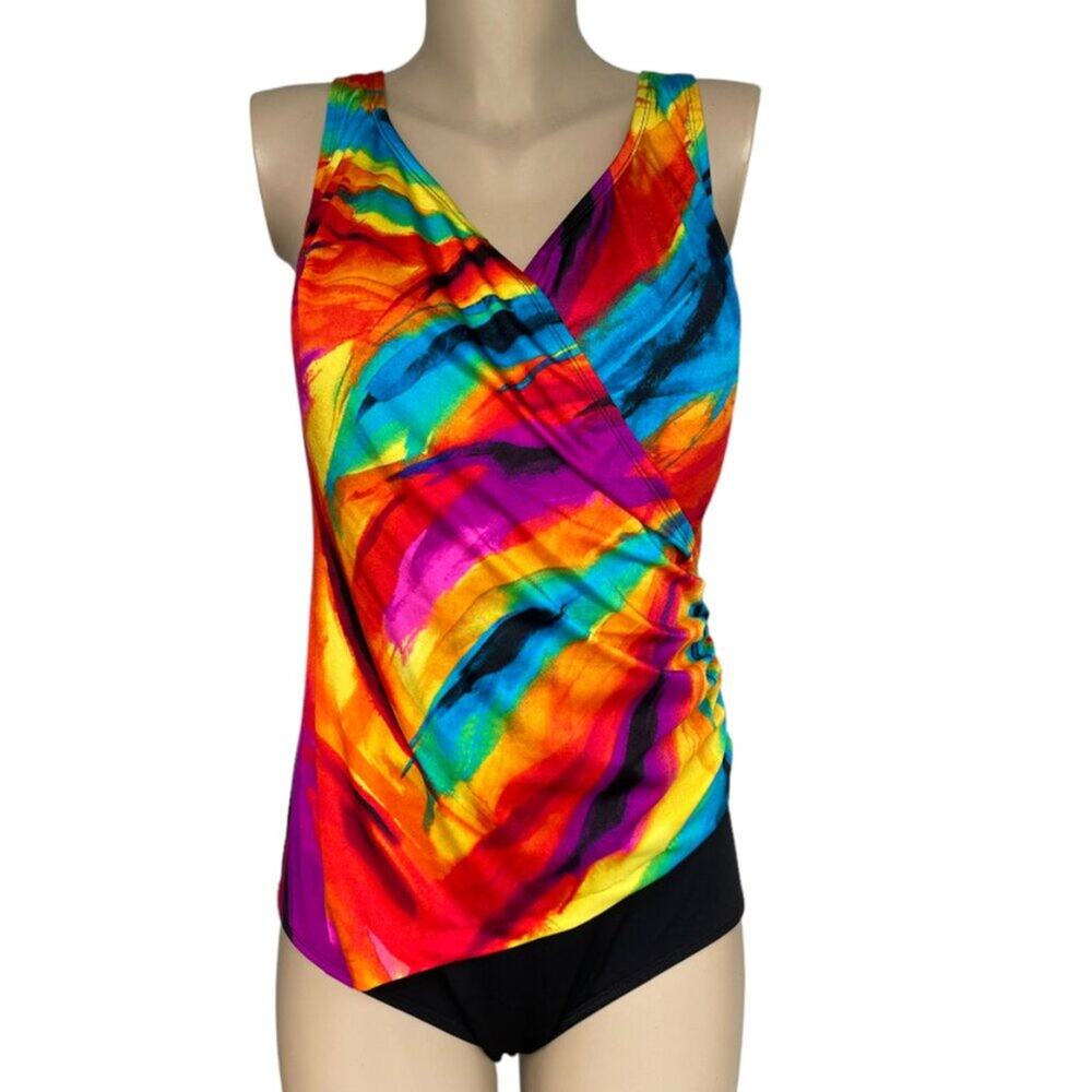 Longitude Colorful Surplice Extra Long Torso Swimsuit Plus Size 22W Mock Tankini